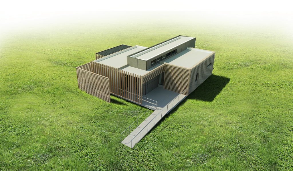 Computer-generated illustration of a solar-powered house.