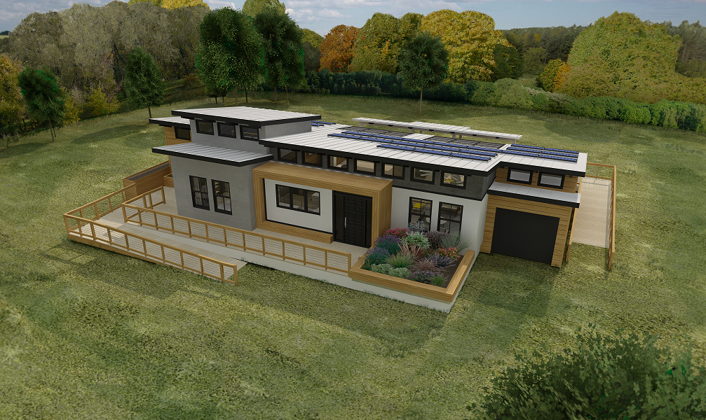 Graphic of a modern house with solar panels on the roof.