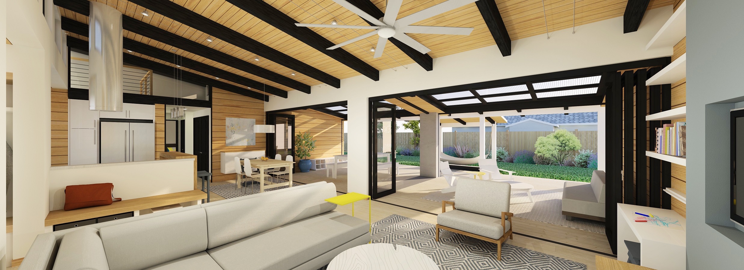 Graphic of a modern indoor living area that opens to the outside.