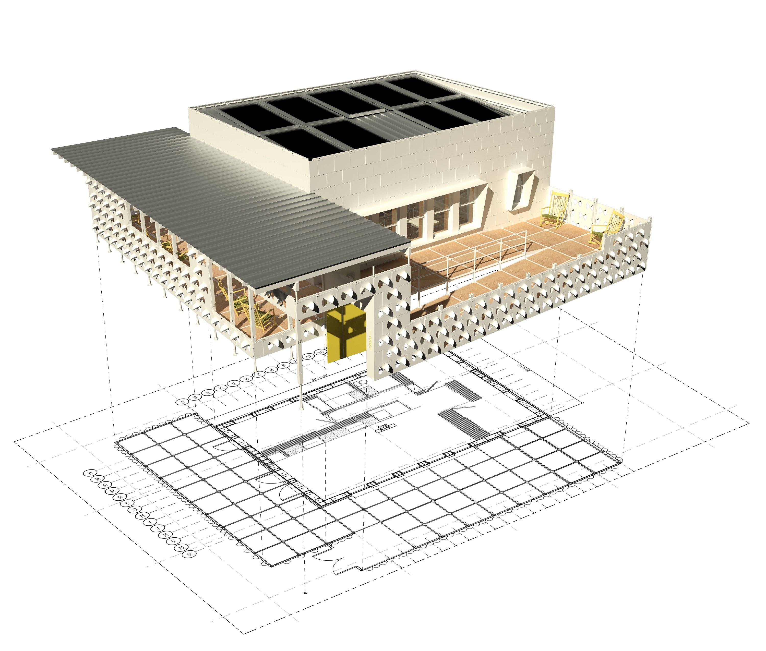Computer-generated illustration of a modern house hovering above its blueprint floor plans.