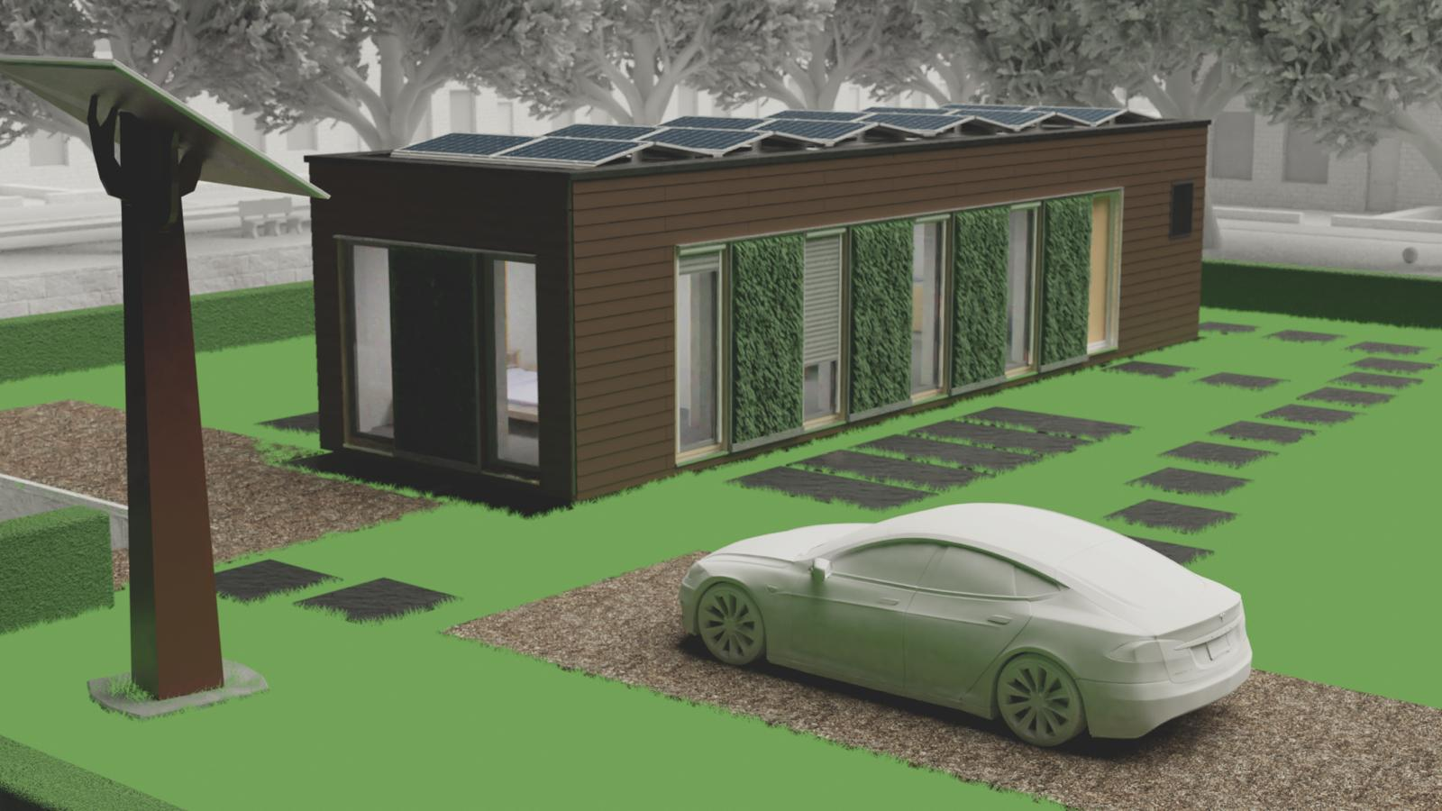 Computer image of a rectangular home that has solar panels on the roof, brown wooden exterior paneling, and floor-to-ceiling windows interspersed with exterior living walls.