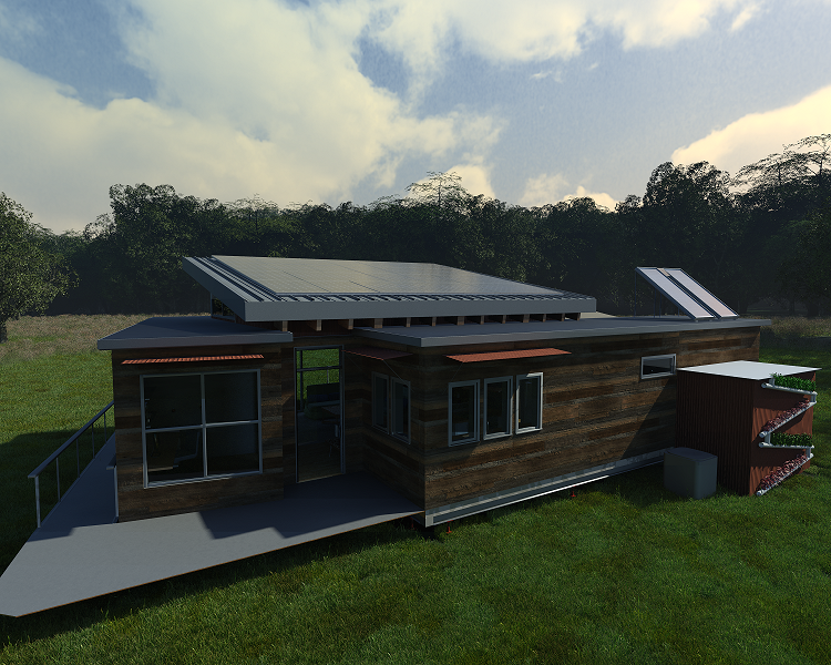 Computer-generated illustration of a solar-powered house.