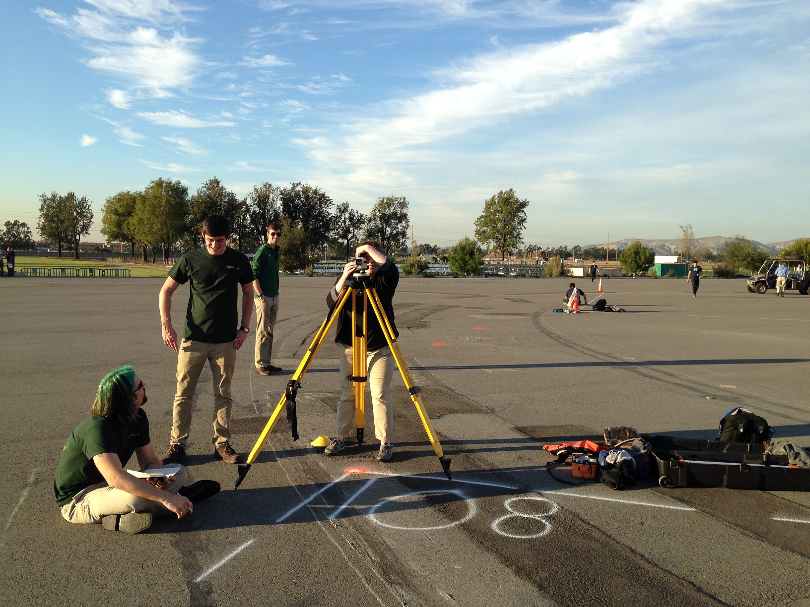 Photo of three people taking measurements with surveying equipment on a tripod.