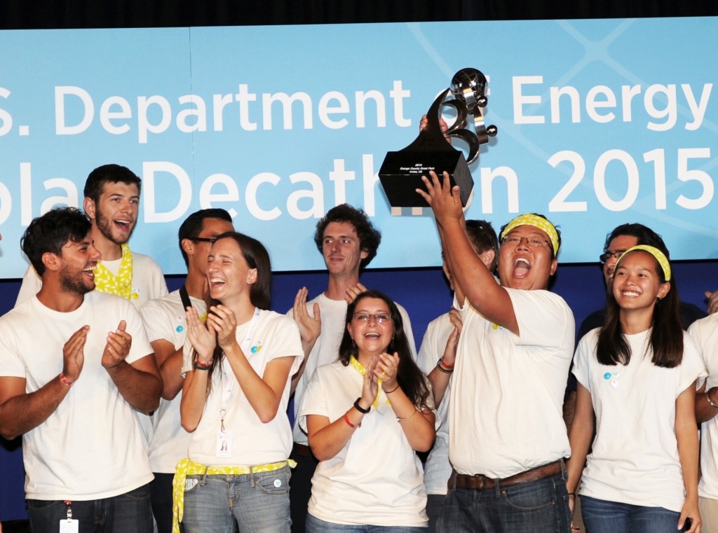 Stevens Institute of Technology team members celebrate their overall 1st place victory at the U.S. Department of Energy Solar Decathlon 2015, October 17, 2015 at the Orange County Great Park, Irvine, California (Credit: Thomas Kelsey/U.S. Department of Energy Solar Decathlon)