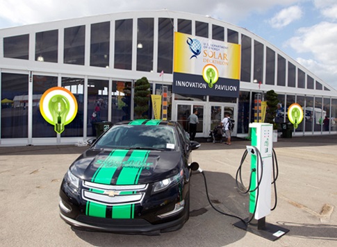Photo of an electric vehicle plugged into a charging station in front of a large exhibition structure.
