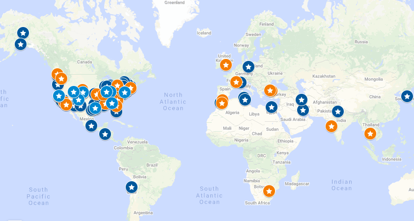 A map of the world, showing all of the teams competing in the 2022 Design Challenge, and the 2023 Build Challenge