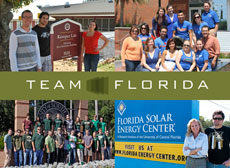 Collage of four photos. In the top left, three people stand around a sign that reads: "Kemper Lab. Off-Grid Zero Emission Building. 1035 Atomic Way." In the top right is a group of people dressed in Florida Gators t-shirts. In the bottom right, two people stand next to a sign that reads: "Florida Solar Energy Center. A Research Institute of the University of Central Florida." In the bottom left is a group of people in green shirts standing in front of a sign that reads: "University of South Florida." In the middle is a banner that says Team Florida. 