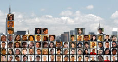 Collage of headshots of the members of Team New York superimposed on a photo of New York City.