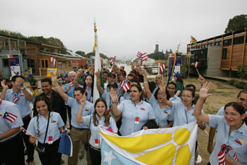 Photo of students celebrating the opening of the 2005 Solar Decathlon.