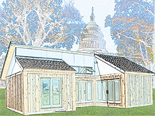 Drawing of Crowder's 2005 Solar Decathlon house superimposed on the National Mall.