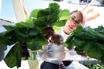 Photo of a close-up of the face of young woman, who is visible between green plants sitting in water in a transparent racking system.