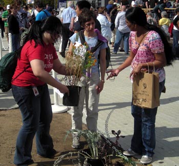 Photo of three women, with one handing another a potted plant.