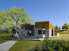 Illustration of the Team Alberta house. It has a dual rooftop structure for solar panels that is separated by a rooftop terrace.