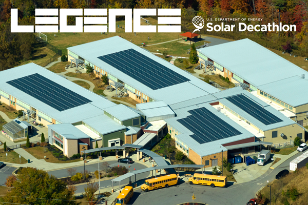 an aerial view of a building with solar panels on the roof, and the Legence and solar decathlon logo on the top.