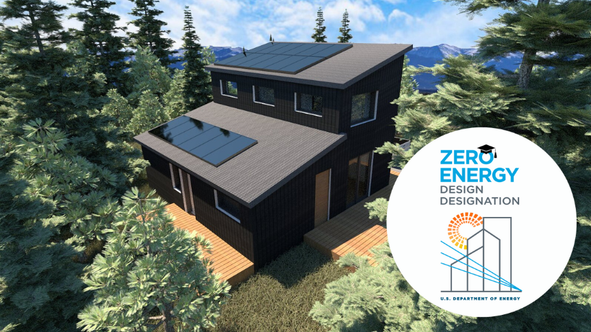 An aerial view of a home, with the text "Zero Energy Design Designation"