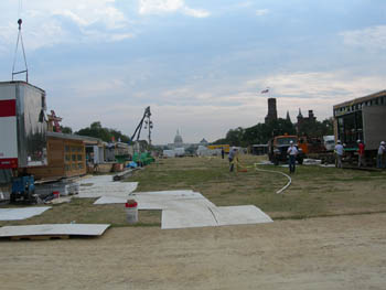 Photo of Solar Decathlon houses being assembled on the Mall.