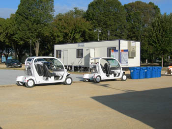 Photo of two electric cars on the National Mall as part of the 2005 Solar Decathlon.