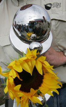Photo of trophy and sunflower, CU logo on shirt in background.