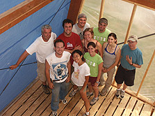 Photo of Pittsburgh's team inside the framework of its 2005 Solar Decathlon house.