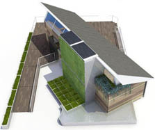 Illustration showing the top view of the Madrid house. Looking down on the house, the deck wraps around so it is on three sides. On the back of the house is a wall covered with grass.