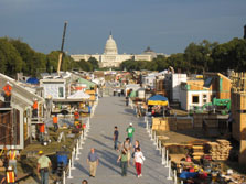 An aerial view looking east from the center of the solar village shows a number of homes approaching completion and one crane in the distance. In the background is the Capitol building. The walkways are now covered and a number of people are touring the site.
