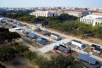 Photo of the 20 houses of the Solar Decathlon, in a shot taken from high on the Smithsonian Castle.