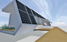 Computer-generated image of the Kansas Project 2007 Solar Decathlon house.