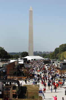 Photo of a crowd of visitors on Decathlete Way in the solar village. The team houses line the sides of the walkway, and the Washington Monument is visible in the background.