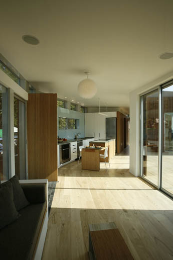 Photo of the living and kitchen areas of the Team California Solar Decathlon 2009 house.