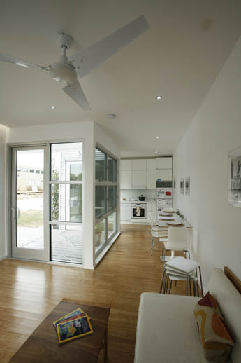Photo of the living and kitchen areas of the Rice University Solar Decathlon 2009 house.