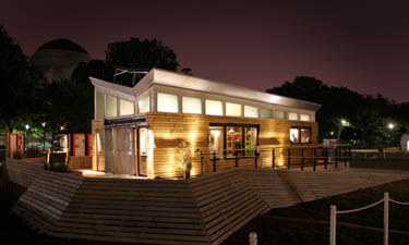 Photo of the exterior of the University of Wisconsin-Milwaukee Solar Decathlon 2009 house at night.