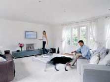 Photo of a man, woman, and black dog in their living room. The room is white with modern furniture. A flat-screen television is mounted on the far wall above a stone-filled fireplace.