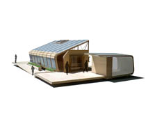 Illustration of the SEED [pod], a rectangular house with a slanting, photovoltaic-covered roof. One wall consists of floor-to-ceiling windows. A deck surrounds the house and supports a small greenhouse. Four shadow figures stroll on the deck.