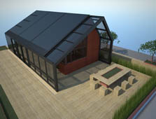 Illustration of the University of Minnesota house, which is rectangular with an offset gabled roof. Glass walls extend beyond the main structure and connect with the roof to form an exterior breezeway. The roof is covered in PV panels. A large deck surrounds the exterior of the house and includes planters of trees and grasses.
