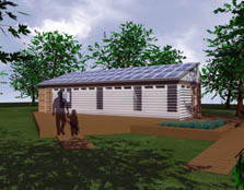 Illustration of a long, narrow house with solar panels lining the roof. A large deck extends the length of the house, and the shadow figures of an adult and a child holding hands cross the deck.