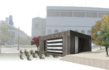 Illustration of the Ohio State house. It is box-shaped and covered in dark wood. A large window with louvers is on one side. A deck extends from the other side. In front are small stands of landscaped grasses. Behind is a sports stadium.