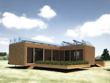 Illustration of the University of Puerto Rico Solar Decathlon 2009 house. It is  L-shaped with screened walls all around and a planted patio inside the L. Tilted solar electric panels cover the roof.
