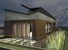 Illustration of the University of Wisconsin-Milwaukee's Meltwater house. The house is rectangular and covered in wood siding, which is broken at intervals by glass windows and doors fitted with louvers.  The roof line is inverted and supports a PV array. A deck surrounds the exterior and is itself surrounded by planters.
