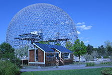 Photo of Team Montreal's Solar Decathlon 2007 house in front of the Biosphere Environmental Museum.