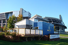 Photo of Penn State's Solar Decathlon 2007 house outside the university football stadium.