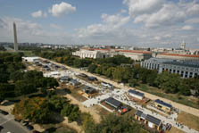 Aerial photo of the Solar Decathlon solar village on the National Mall.